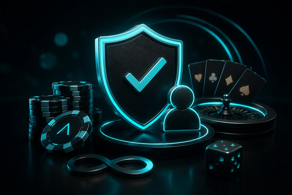 Hochwertiges Casino-Symbol für verantwortungsvolles Spielen mit Schild, Casino-Chips und Roulette