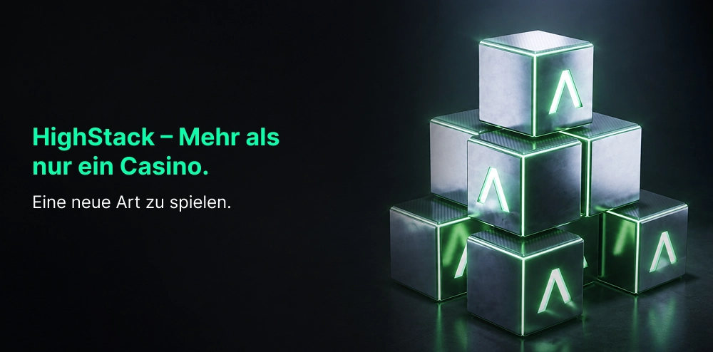 HighStack Casino-Banner mit einer Komposition aus leuchtenden Metallwürfeln auf dunklem Hintergrund