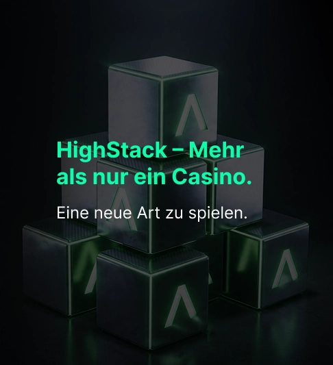 HighStack Casino Mobile-Banner mit leuchtenden Metallwürfeln auf dunklem Hintergrund